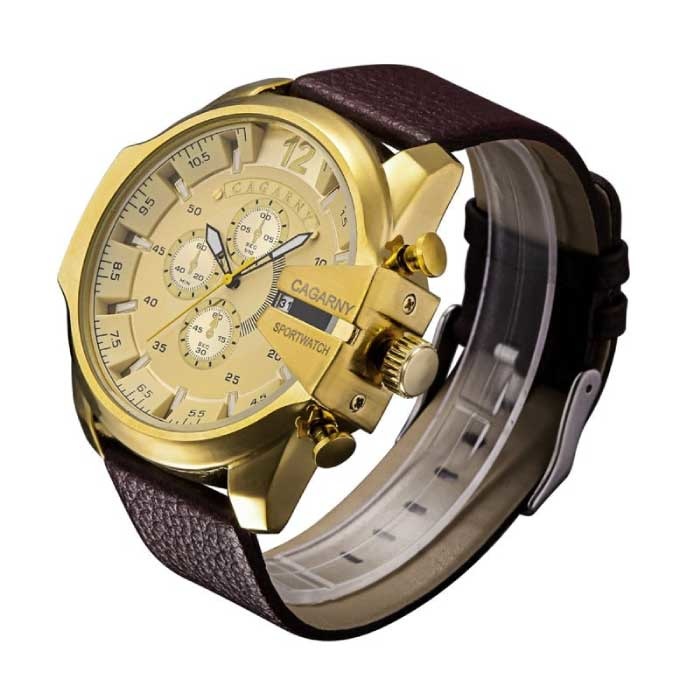 CAGARNY Vintage Militair Horloge voor Heren - Leren Bandje Kwarts Polshorloge Zwart