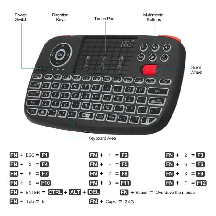 Mini teclado inalámbrico retroiluminado i4 - QWERTY 2.4GHz Android