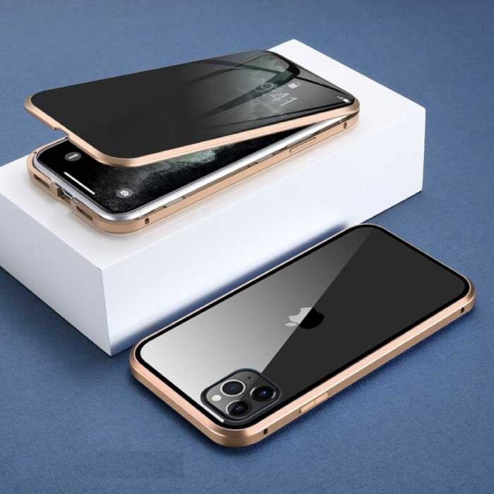 Estuche de privacidad magnético con vidrio templado para iPhone XS - Estuche de cuerpo completo de 360° + protector de pantalla dorado