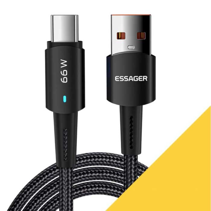 USB-C Charging Cable 2 Meter - 66W Power Delivery - Braided Nylon Charger Data Cable Black