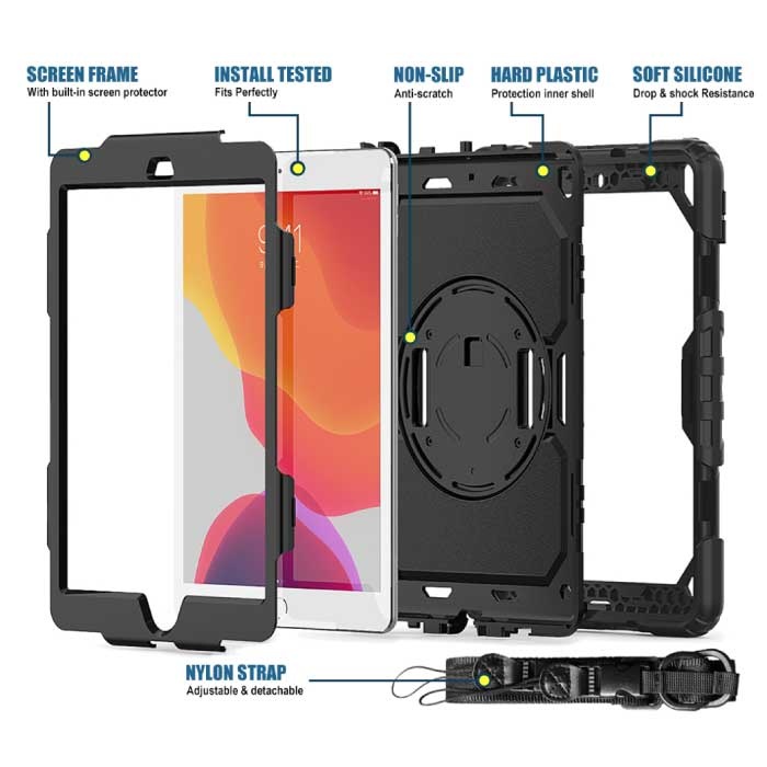 R-JUST Armor Case für iPad 10.2" (2019) mit Kickstand / Handschlaufe / Stifthalter - Heavy Duty Cover Case Grün