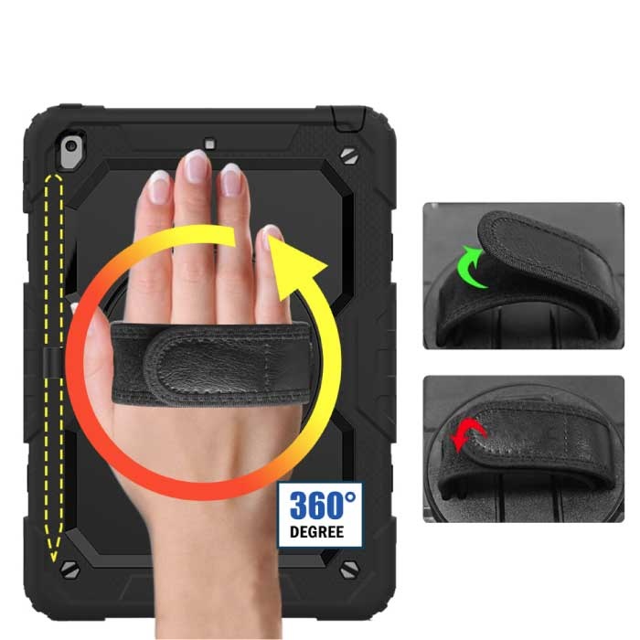 R-JUST Armor Case do iPada 10.2" (2020) z podpórką / paskiem na nadgarstek / obsadką na długopis - Heavy Duty Cover Case czarny