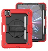 R-JUST Funda Armor para iPad Pro de 12,9" (2021) con función atril/correa de muñeca/soporte para bolígrafo - Funda resistente roja