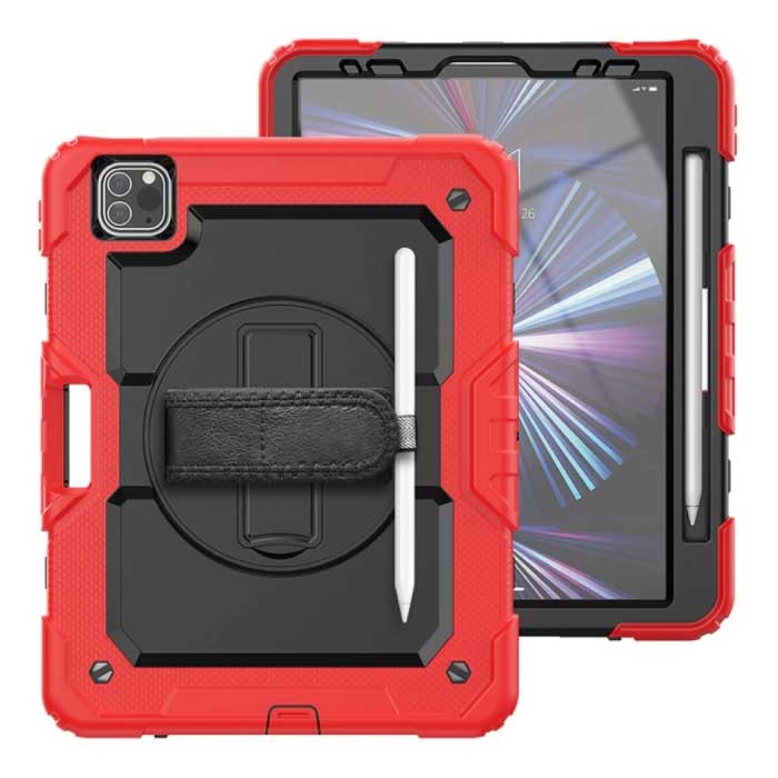 Armor Case do iPada Pro 12,9" (2021) z podpórką / paskiem na nadgarstek / obsadką na długopis - Heavy Duty Cover Case czerwony