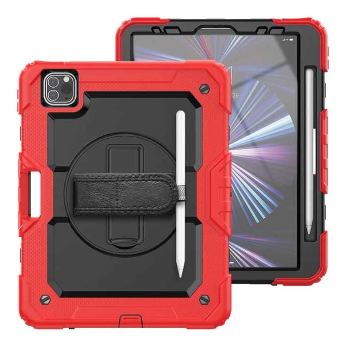 R-JUST Custodia Armor per iPad Mini 4 con cavalletto/cinghia da polso/portapenne - Custodia rigida rossa