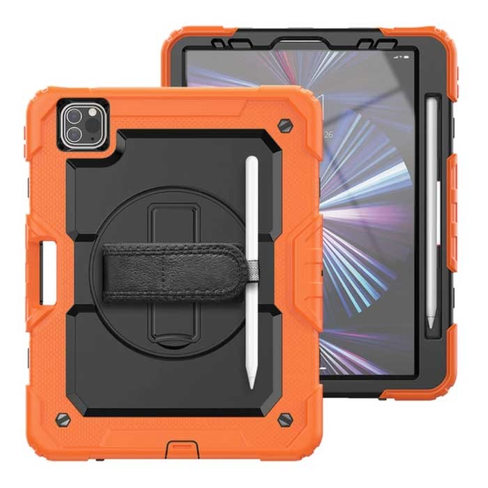 Armor Case do iPada Pro 12,9" (2021) z podpórką / paskiem na nadgarstek / uchwytem na długopis - Heavy Duty Cover Case pomarańczowy