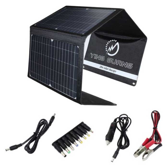 Caricabatterie Solare con 4 Pannelli Solari 28W -3 Porte di Ricarica - Monocristallino - Caricabatterie Solare Portatile Nero