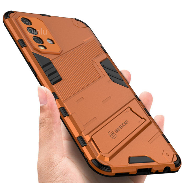 BIBERCAS Xiaomi Redmi Note 9S Hoesje met Kickstand - Shockproof Armor Case Cover Oranje