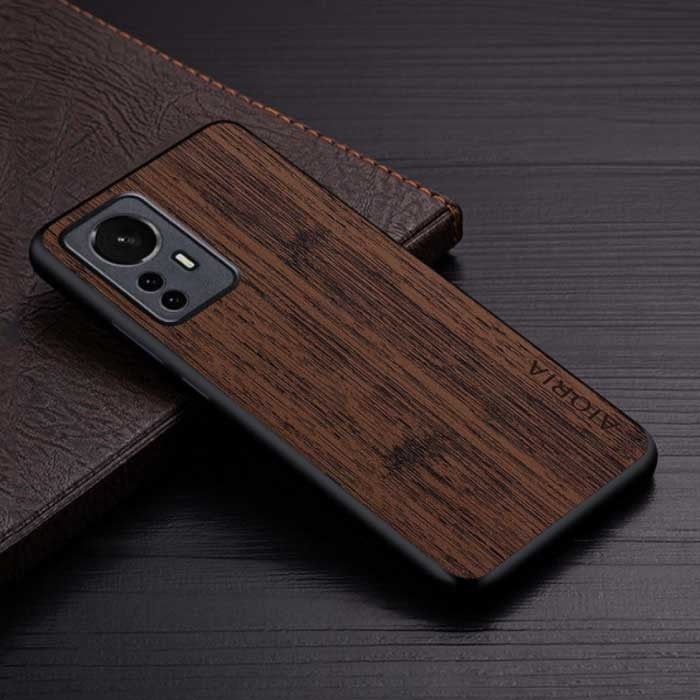 Xiaomi 12S Ultra Leather Case - Shockproof Case Cover Wood Pattern Brown