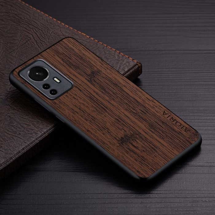 Skórzany pokrowiec Xiaomi 12S - Odporny na wstrząsy pokrowiec z wzorem drewna brązowy