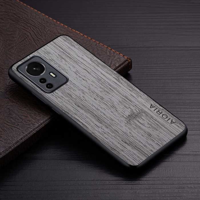 Xiaomi 12 Leather Case - Shockproof Case Cover Wood Pattern Light Gray