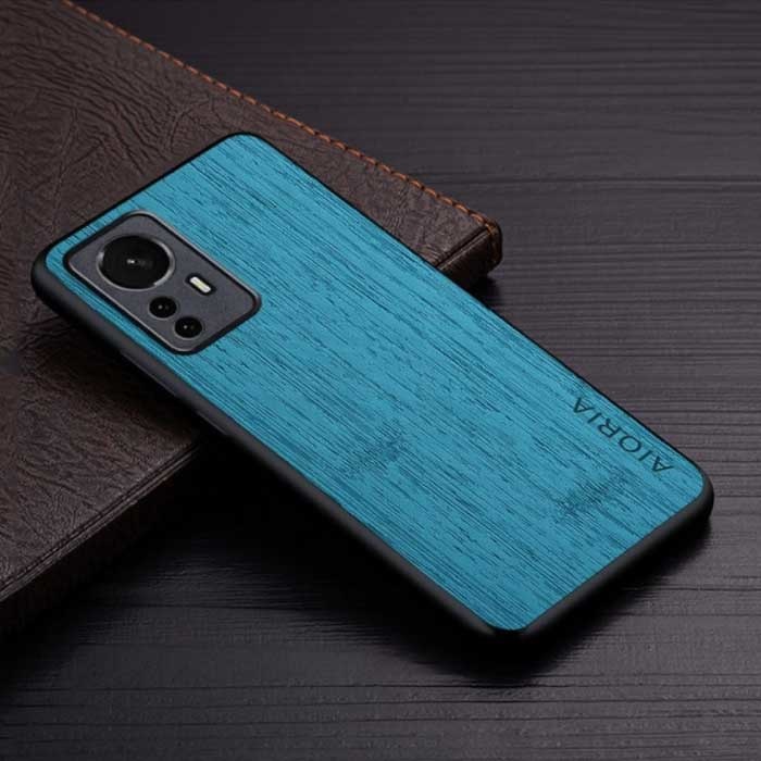Xiaomi 12X Leather Case - Shockproof Case Cover Wood Pattern Blue