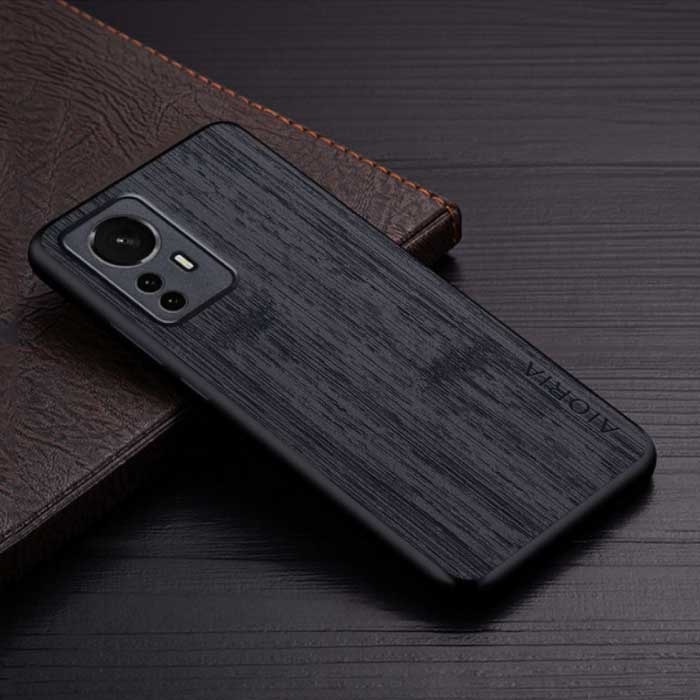 Xiaomi 12S Ultra Leren Hoesje - Shockproof Case Cover Hout Patroon Zwart