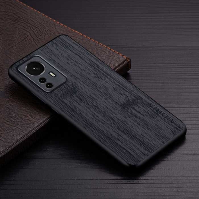 Skórzany pokrowiec Xiaomi 12 - Odporny na wstrząsy pokrowiec drewniany wzór czarny