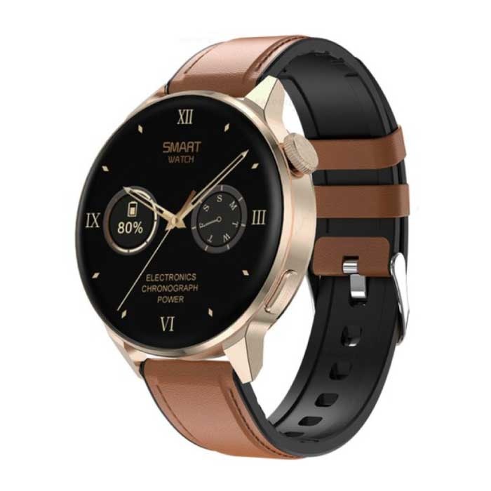 Smartwatch Fitness Sportowy zegarek do śledzenia aktywności — NFC / EKG / GPS / IP68 — skórzany pasek brązowy