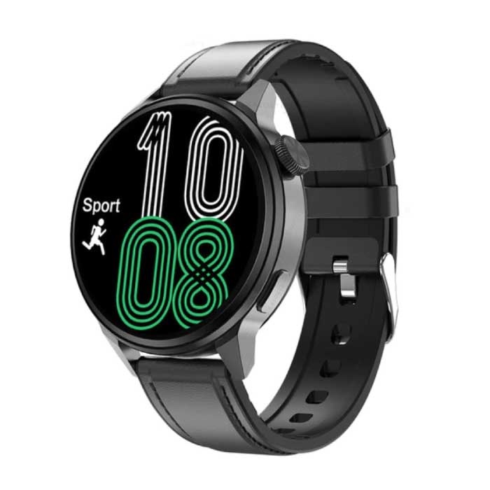 Smartwatch Fitness Sportowy zegarek do śledzenia aktywności — NFC / EKG / GPS / IP68 — skórzany pasek czarny