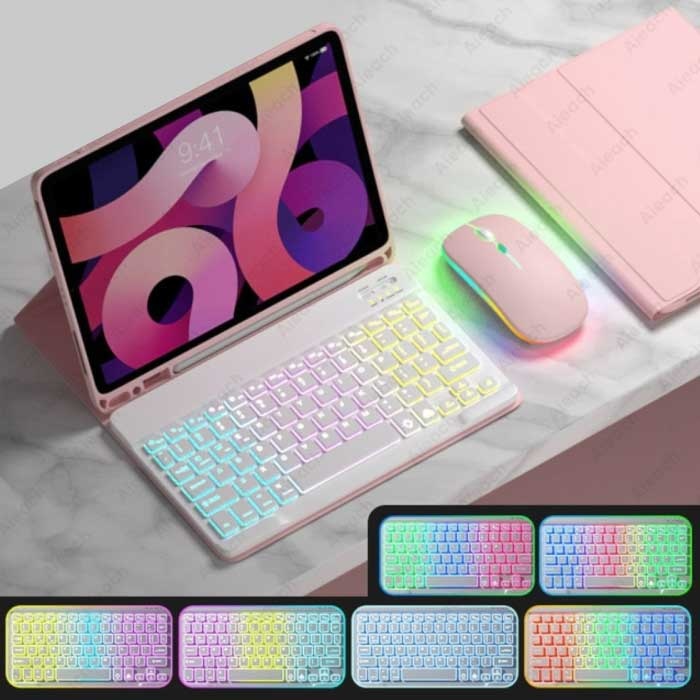 Custodia Tastiera e Mouse RGB per iPad 10.9" - Tastiera QWERTY Multifunzione Custodia Bluetooth Smart Cover Rosa