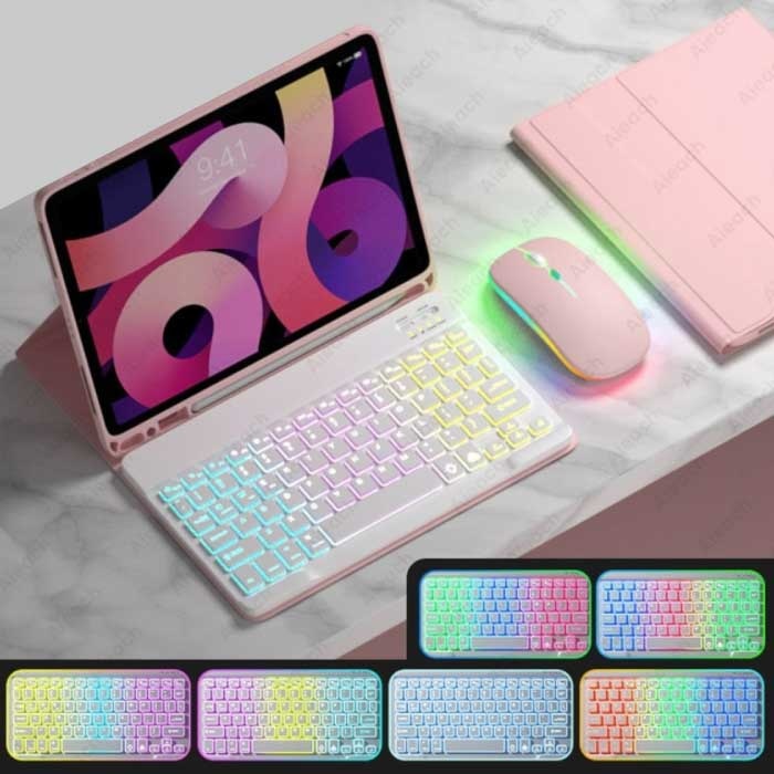 Funda con teclado RGB y ratón para iPad 10.9" - Funda inteligente QWERTY con teclado multifunción Bluetooth Funda rosa