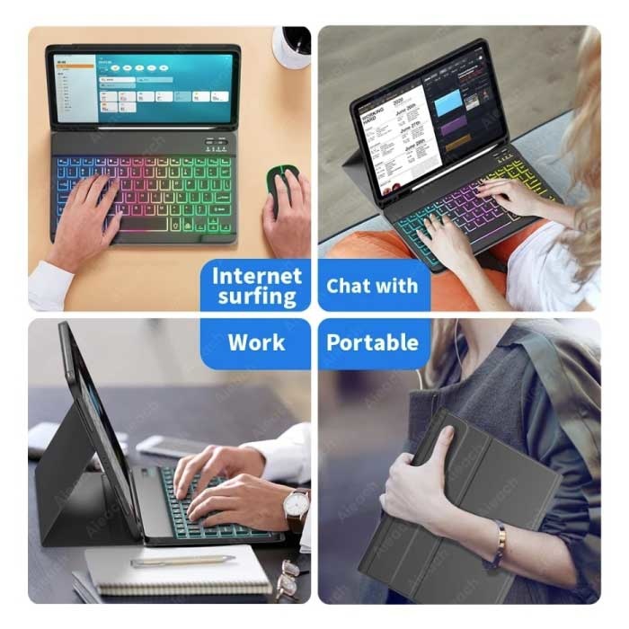 AIEACH RGB Toetsenbord Hoes en Muis voor iPad 10.2" - QWERTY Multifunctionele Keyboard Bluetooth Smart Cover Case Hoesje Roze