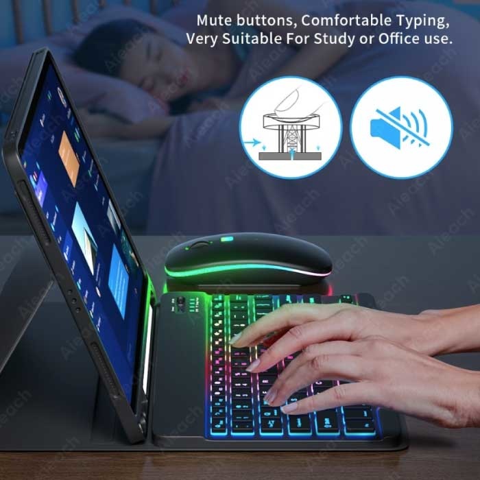 AIEACH RGB Toetsenbord Hoes en Muis voor iPad 10.9" - QWERTY Multifunctionele Keyboard Bluetooth Smart Cover Case Hoesje Zwart