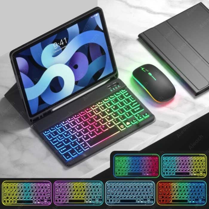 Custodia Tastiera e Mouse RGB per iPad 9.7" - Custodia Smart Cover Bluetooth Tastiera QWERTY Multifunzione Nera