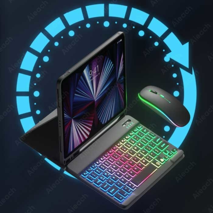 AIEACH Custodia Tastiera e Mouse RGB per iPad 9.7" - Custodia Smart Cover Bluetooth Tastiera Multifunzione QWERTY Giallo