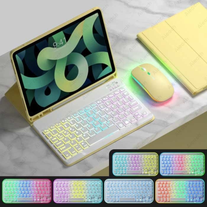 RGB Keyboard Case and Mouse for iPad 9.7" - QWERTY Multifunction Keyboard Bluetooth Smart Cover Case Case Yellow