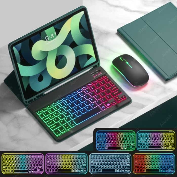 Etui Clavier RVB et Souris pour iPad 9.7" - Clavier QWERTY Multifonction Bluetooth Smart Cover Case Vert Foncé