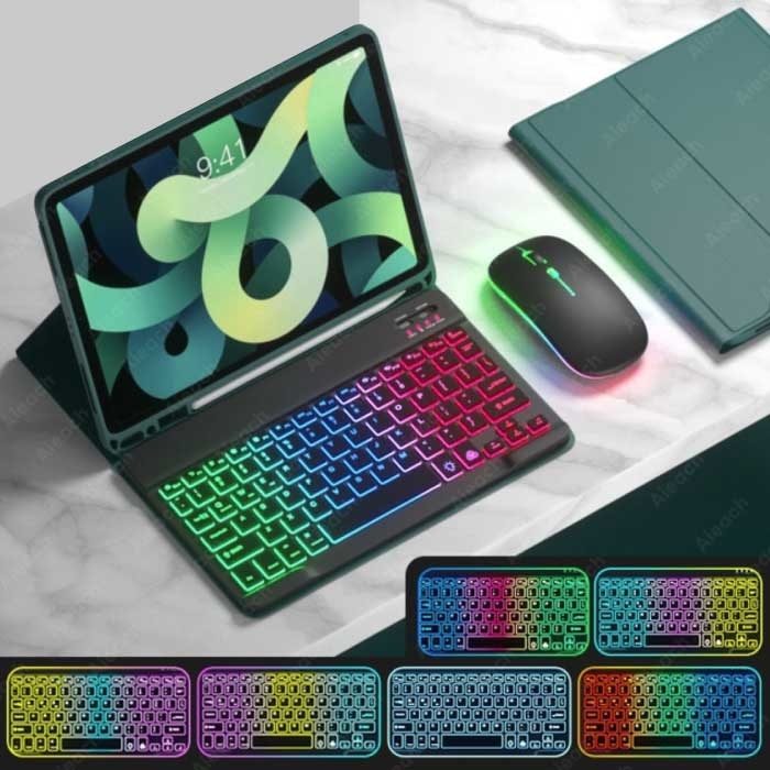 RGB-Tastaturhülle und -Maus für iPad 10,9" - QWERTY-Multifunktionstastatur, Bluetooth-Smart-Cover-Hülle, Dunkelgrün