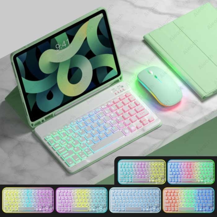 RGB Toetsenbord Hoes en Muis voor iPad 9.7" - QWERTY Multifunctionele Keyboard Bluetooth Smart Cover Case Hoesje Groen