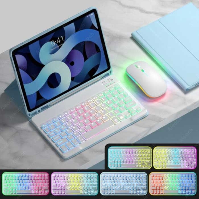 Etui na klawiaturę i mysz RGB do iPada 10,2" - wielofunkcyjna klawiatura QWERTY Etui Bluetooth Smart Cover Case niebieskie