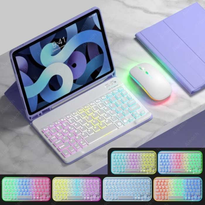 Funda con teclado y ratón RGB para iPad de 10,5" - Funda con teclado multifunción QWERTY Bluetooth Smart Cover Funda Morada