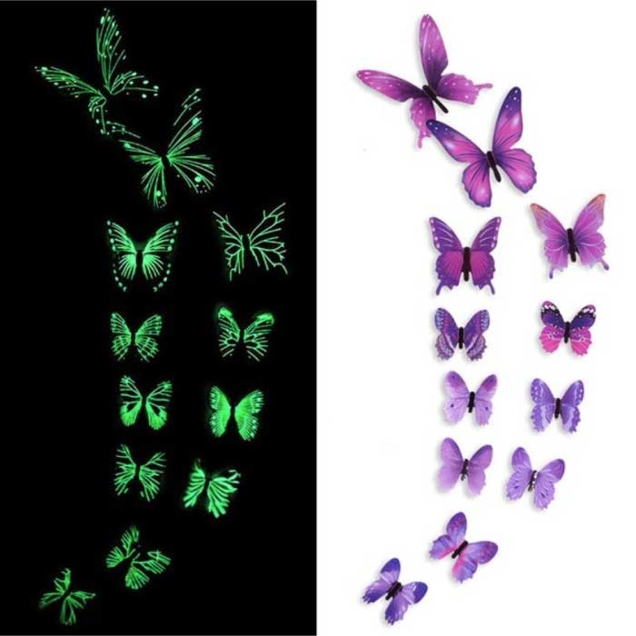 Mariposas que Brillan en la Oscuridad - 12 Piezas - Pegatinas de Pared Luminosas Decoración Púrpura