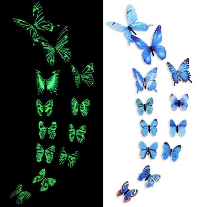 Glow in the Dark Papillons - 12 Pièces - Stickers Muraux Lumineux Décoration Bleu