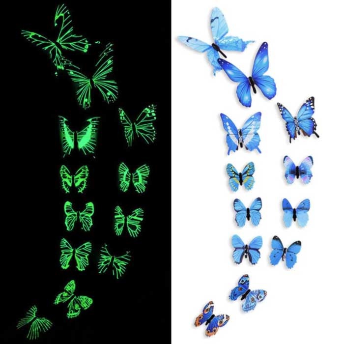 Mariposas que Brillan en la Oscuridad - 12 Piezas - Pegatinas de Pared Luminosas Decoración Azul