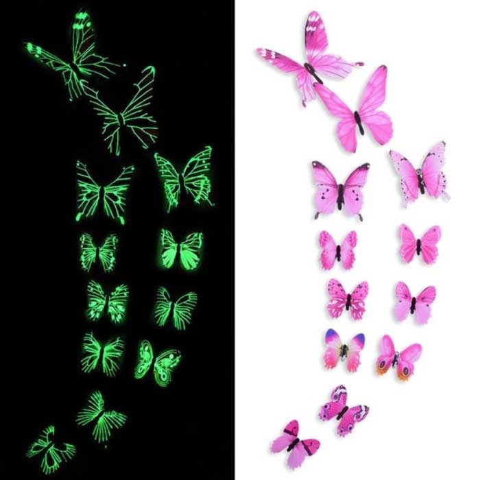 Mariposas que Brillan en la Oscuridad - 12 Piezas - Pegatinas de Pared Luminosas Decoración Rosa