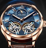 AILANG Vintage Watch for Men - Leather Strap Quartz Wristwatch Double Flywheel Brown