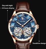 AILANG Montre Vintage pour Homme - Bracelet Cuir Quartz Double Volant d'Inertie Marron