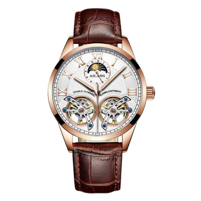 Vintage Horloge voor Heren - Leren Bandje Kwarts Polshorloge Dubbel Vliegwiel Bruin