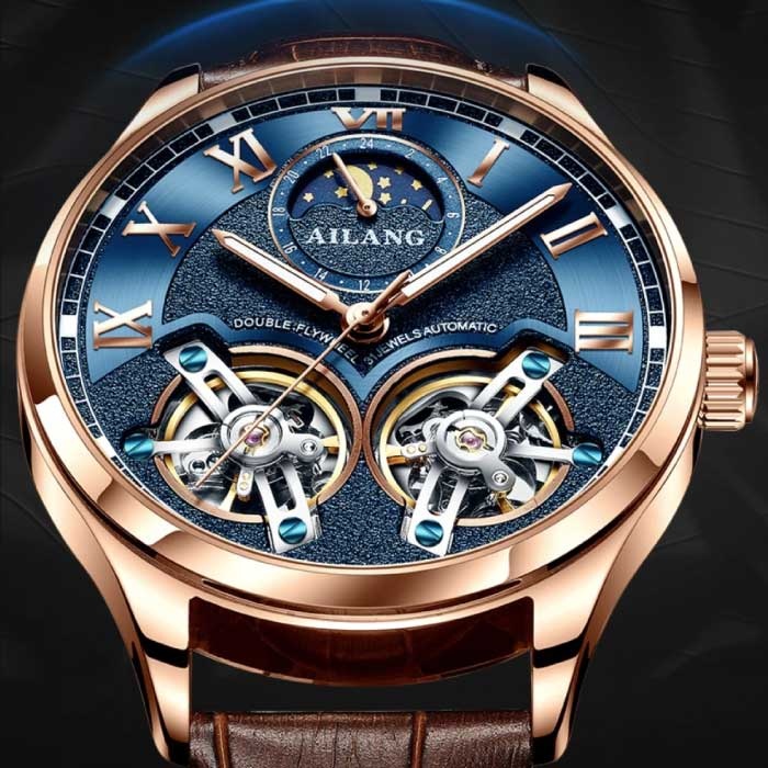 AILANG Vintage Horloge voor Heren - Leren Bandje Kwarts Polshorloge Dubbel Vliegwiel Bruin