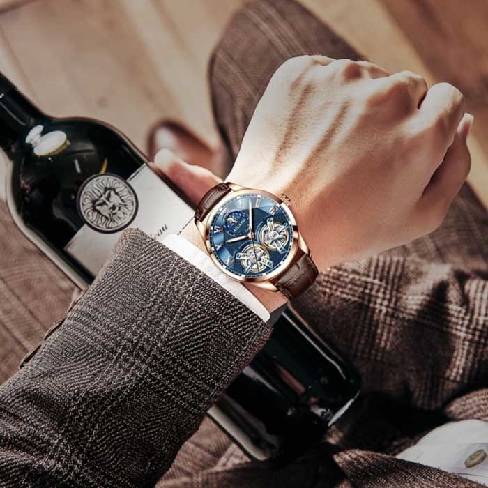 AILANG Orologio Vintage da Uomo - Orologio da Polso al Quarzo Cinturino in Pelle Doppio Volano Marrone