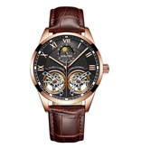 AILANG Montre Vintage pour Homme - Bracelet Cuir Quartz Double Volant d'Inertie Marron