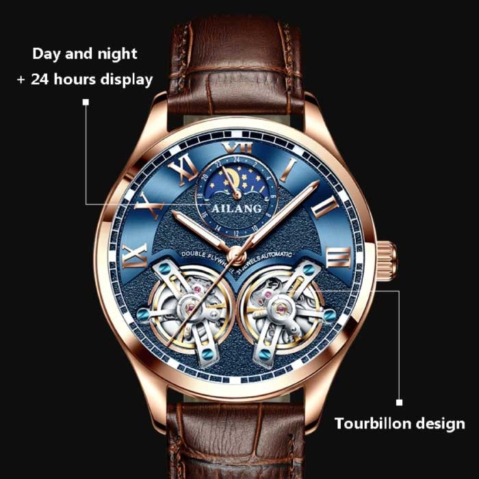 AILANG Reloj Vintage para Hombre - Correa de Cuero Reloj de Pulsera de Cuarzo Doble Volante Negro