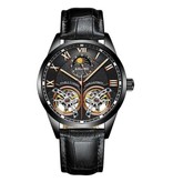 AILANG Vintage Watch for Men - Leather Strap Quartz Wrist Watch Double Flywheel Black