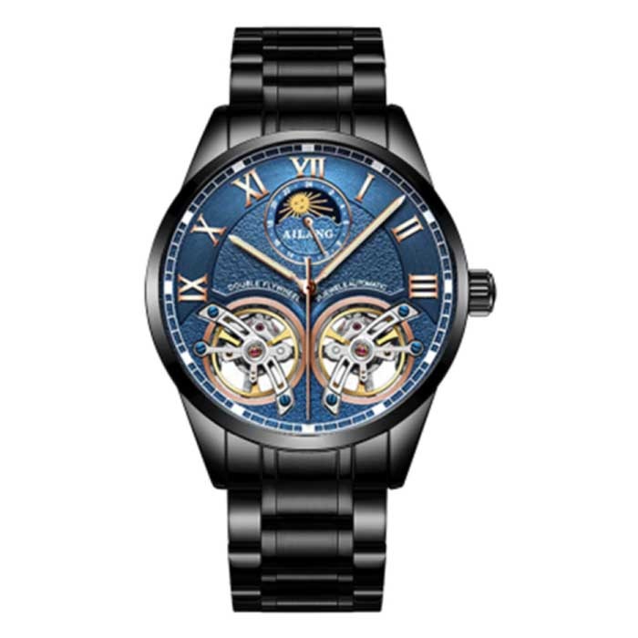 Vintage Watch for Men - Stainless Steel Strap Quartz Wristwatch Double Flywheel Black