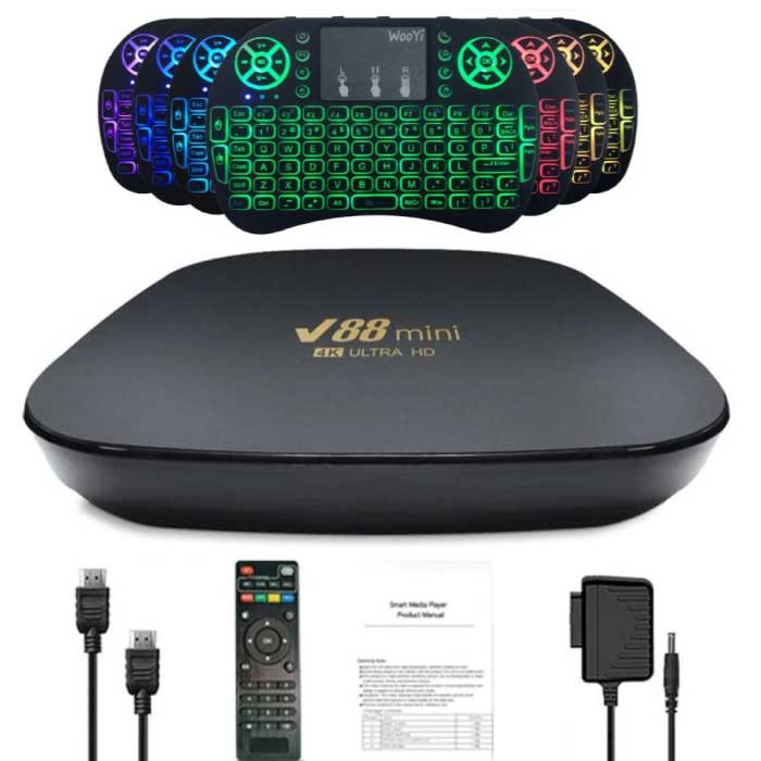 V88 Mini 8K TV Box Mediaspeler Android Kodi - 8GB RAM - 128GB Opslagruimte met Draadloos RGB Toetsenbord