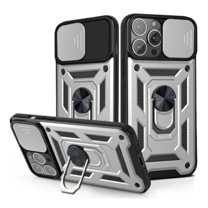 iPhone 14 — pancerne etui z podstawką i ochroną aparatu — etui Pop Grip Cover w kolorze srebrnym - Copy