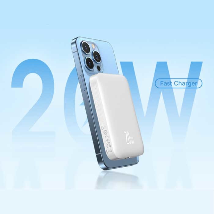 10.000mAh Mini Magnetische Qi Powerbank voor Mobiele Telefoons - 20W PD Oplader Draadloos Batterij Accu Wit