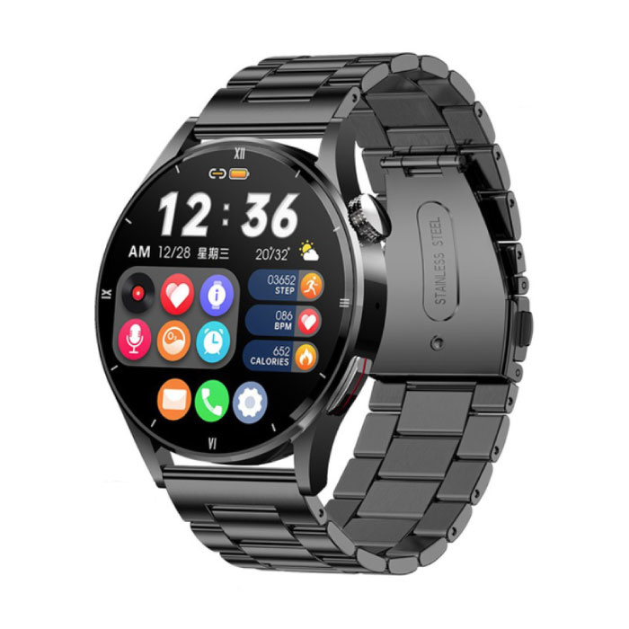 Reloj inteligente con temperatura corporal, monitor de presión arterial y medidor de oxígeno - Fitness Sport Activity Tracker Watch iOS Android - Correa de metal Negro