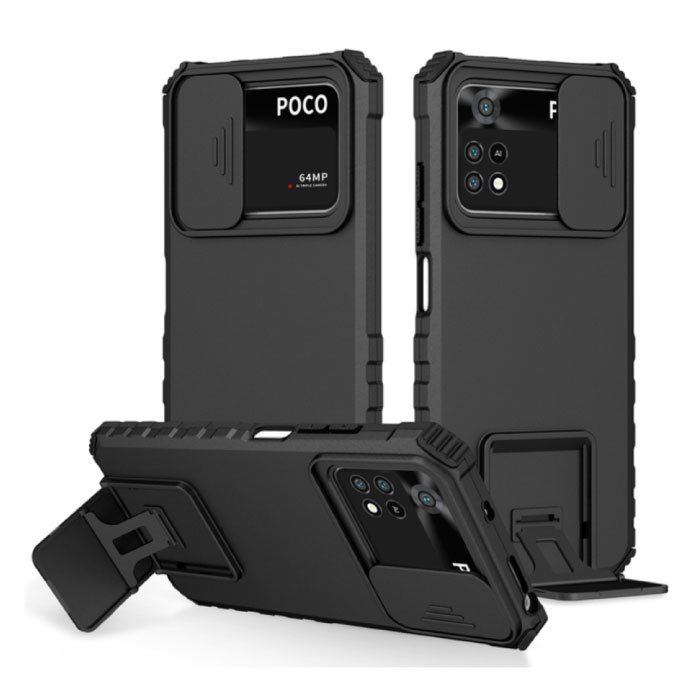 Keysion Xiaomi Poco M3 Pro - Kickstand Case with Camera Slide - Cover Case Black